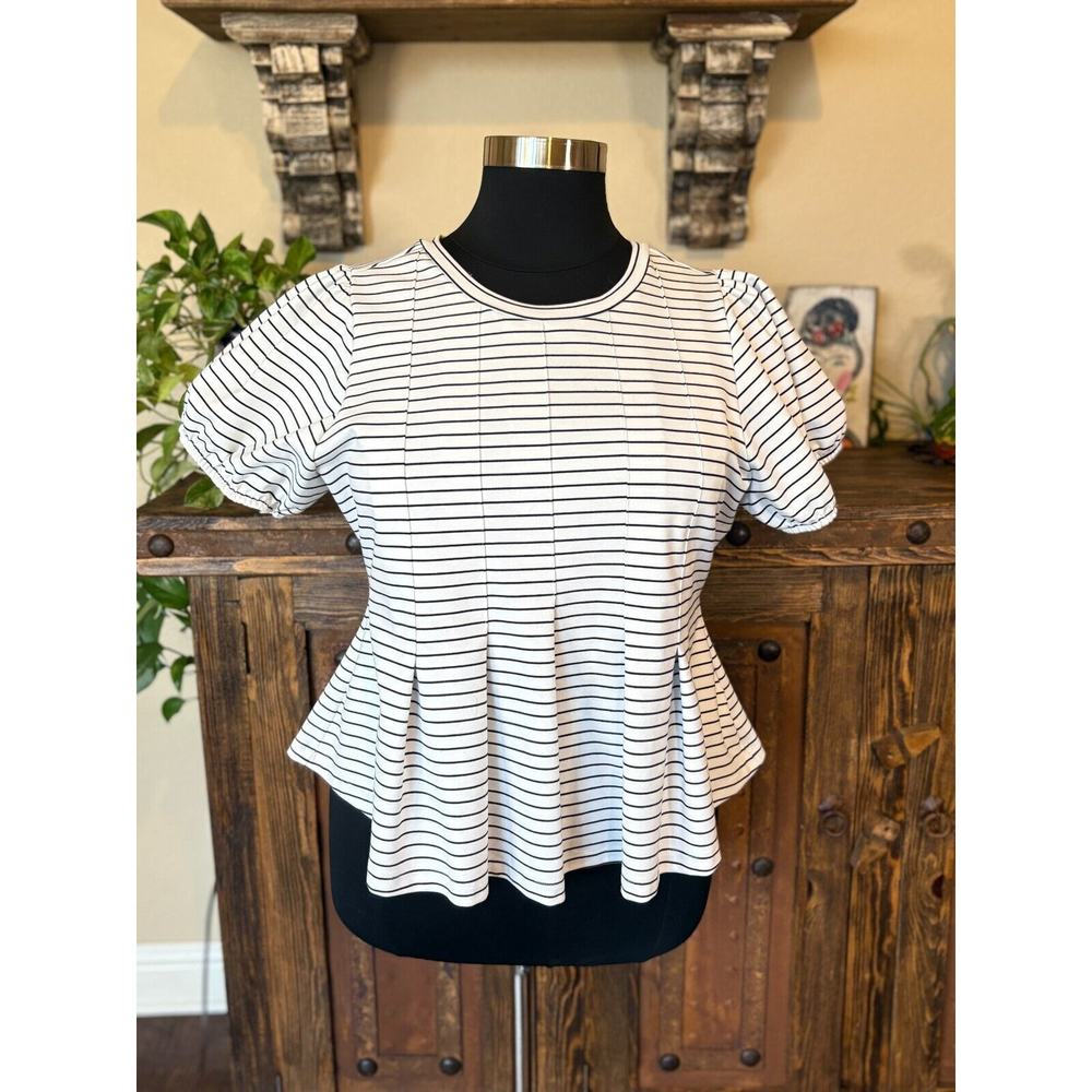 Maeve Top 1X Top White Black Stripe Puff Sleeve Pleated Peplum Stretch Fit Waist